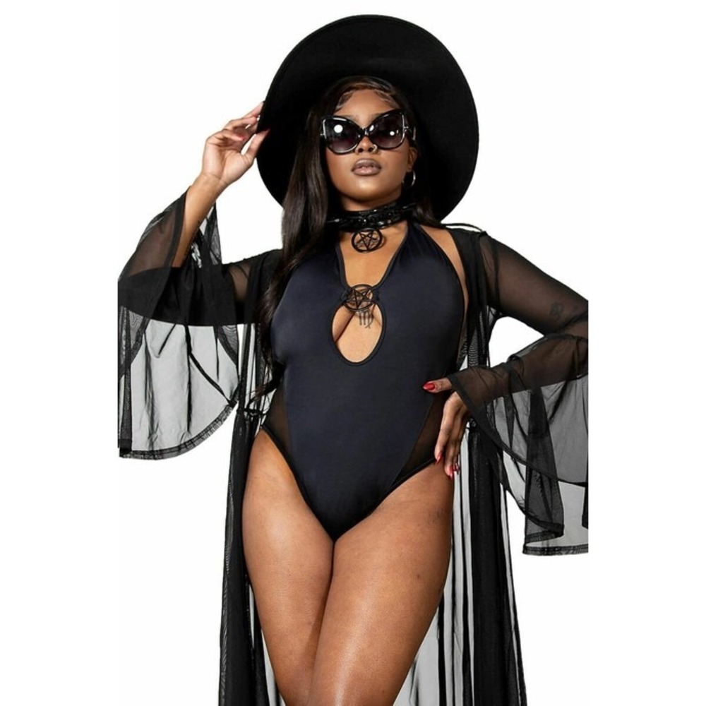 Killstar Dark Lyfe Swimsuit Black Pentagram Halter Mesh One Piece Medium